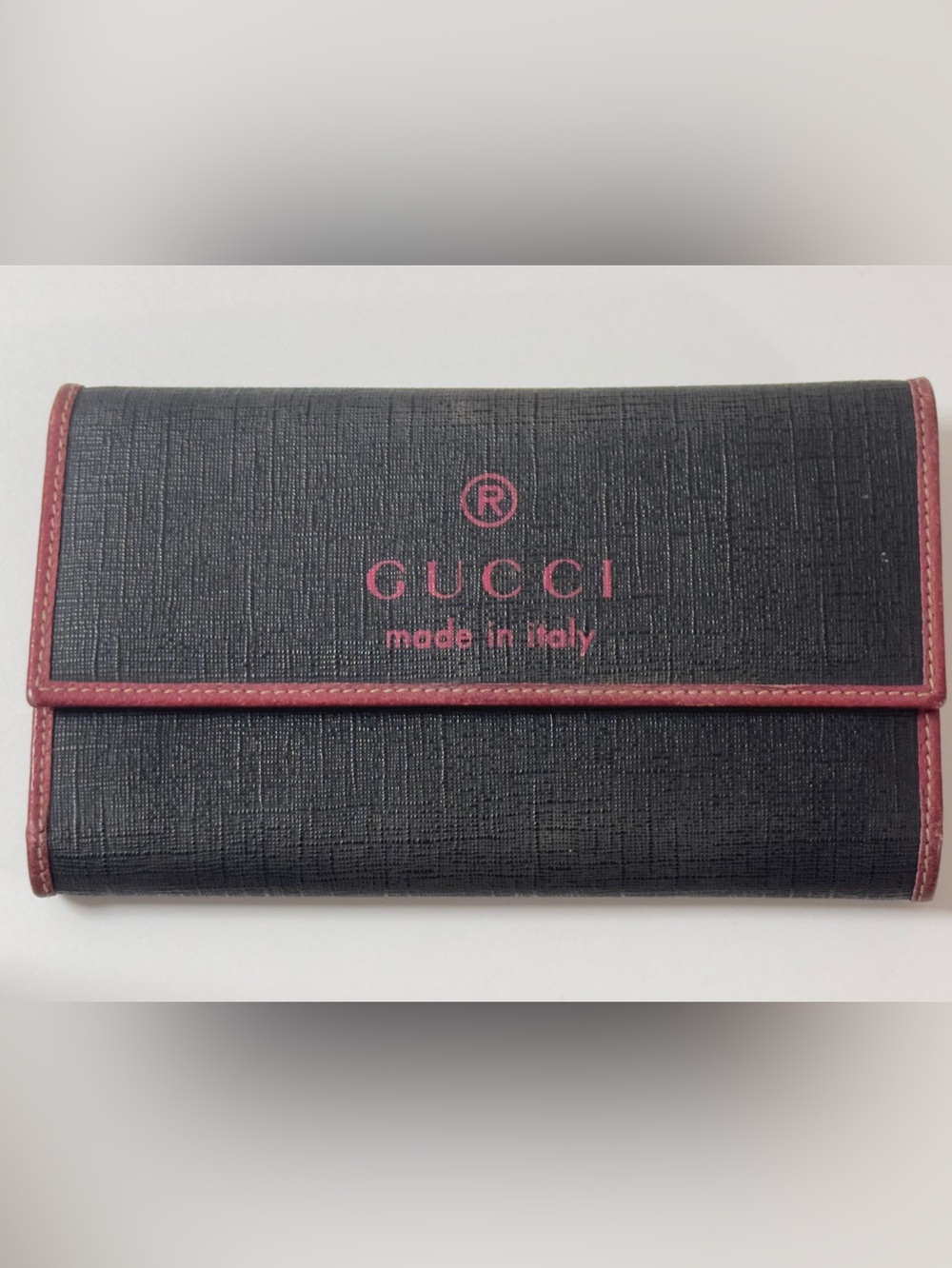 Gucci Denim Black Wallet w/Crimson Leather Trim. Pristine Like new.